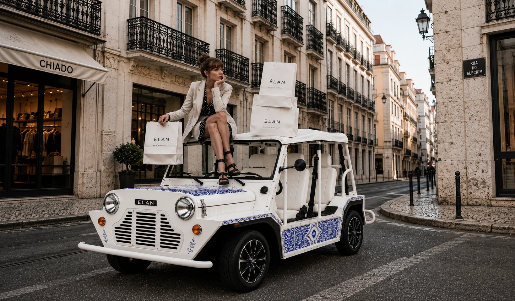 A woman with shopping bags sitting on an ÉLAN in Lisbon