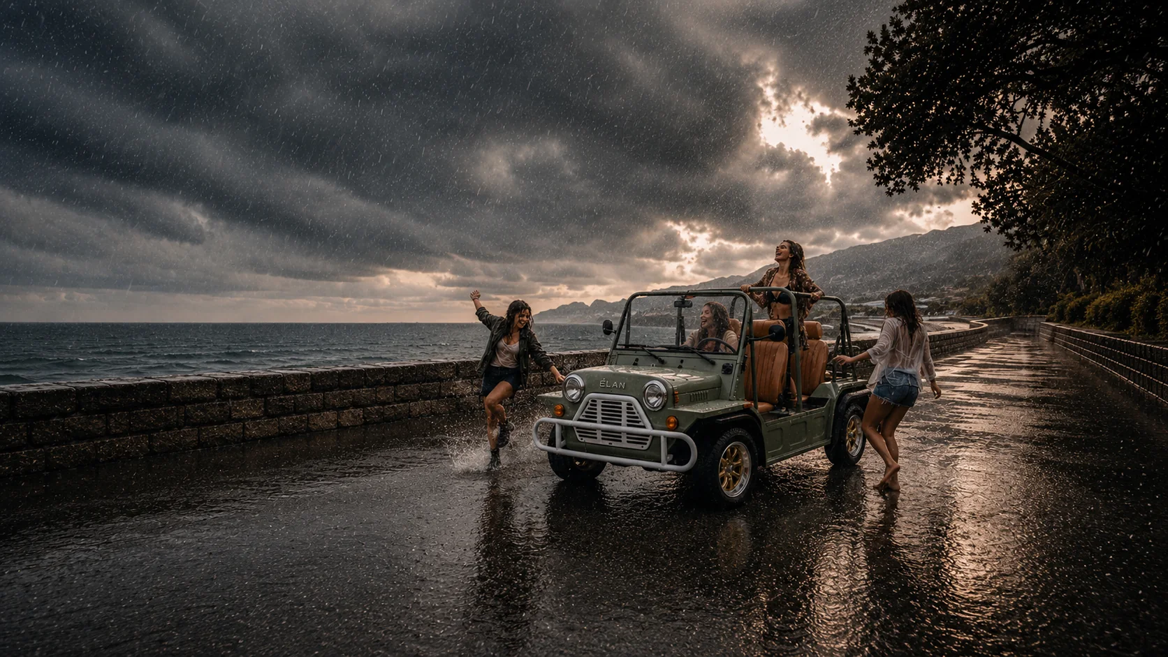 Friends dancing around an ÉLAN in the rain by the coast